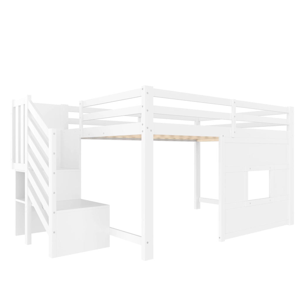 Letto a soppalco con scala contenitore e finestra, 140x200 cm, bianco