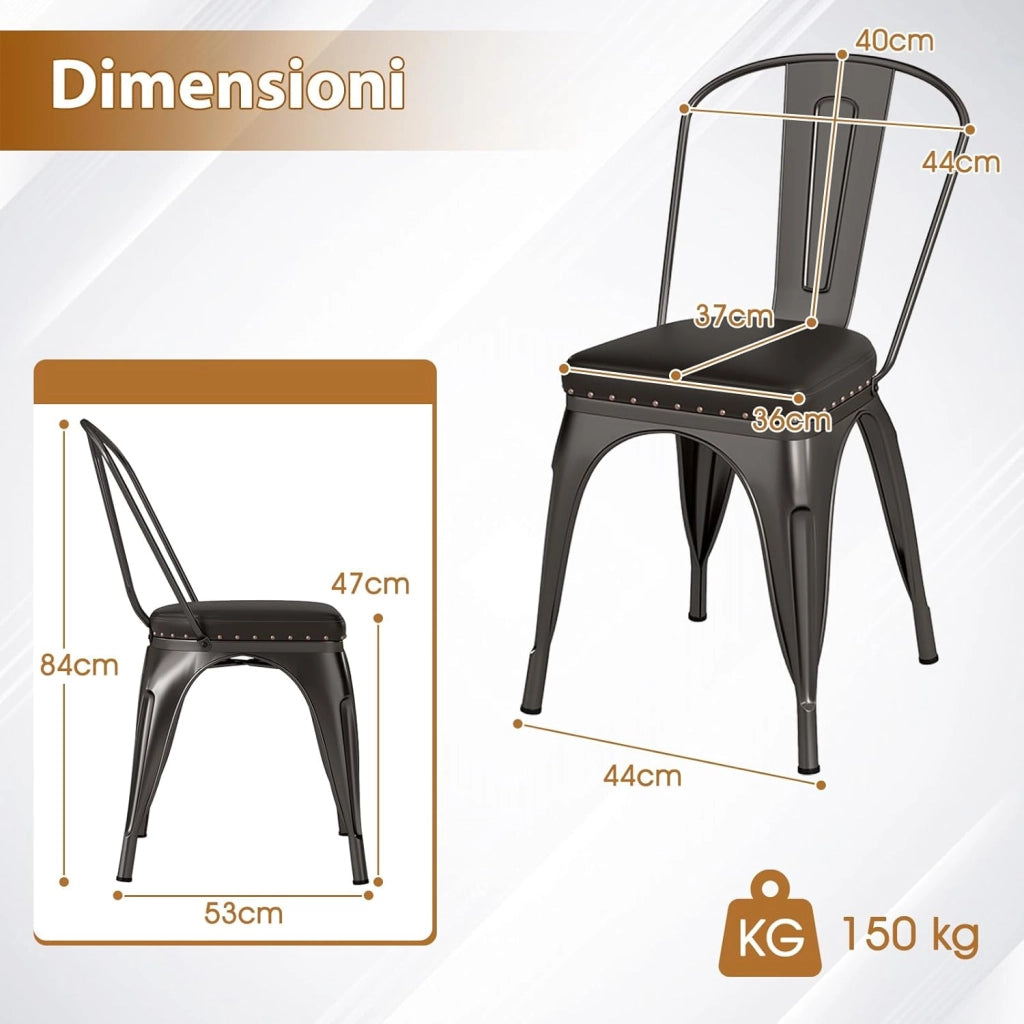 4 Sgabelli Cucina 53 x 44 x 84 cm, Sedie Impilabili con Schienali Rimovibili e Sedile Imbottito in Finta Pelle, Sgabelli in Metallo per Ristorante, Bistro e Bar (Colore Ruggine)