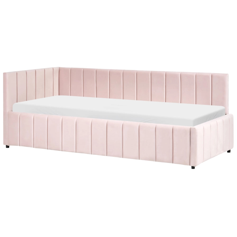 Letto 90 x 200 cm in velluto rosa imbottito elegante rete a doghe gambe in legno