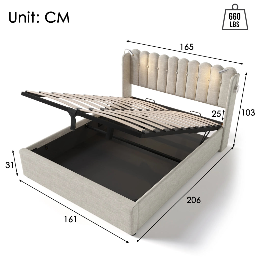 Letto matrimoniale con contenitore; luce da lettura e 2 USB 160x200 cm; naturale
