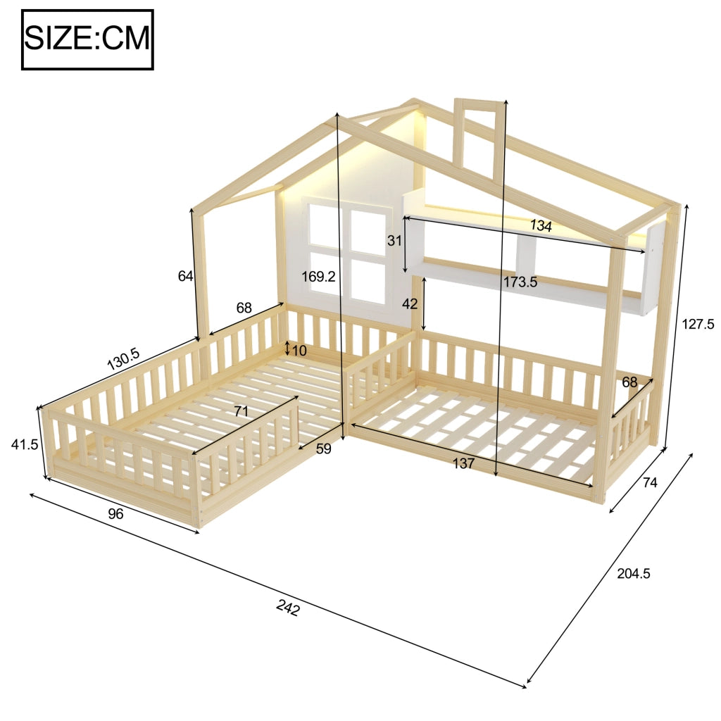 Letto a casetta 90x200 cm per bambini con LED, mensole e sponde