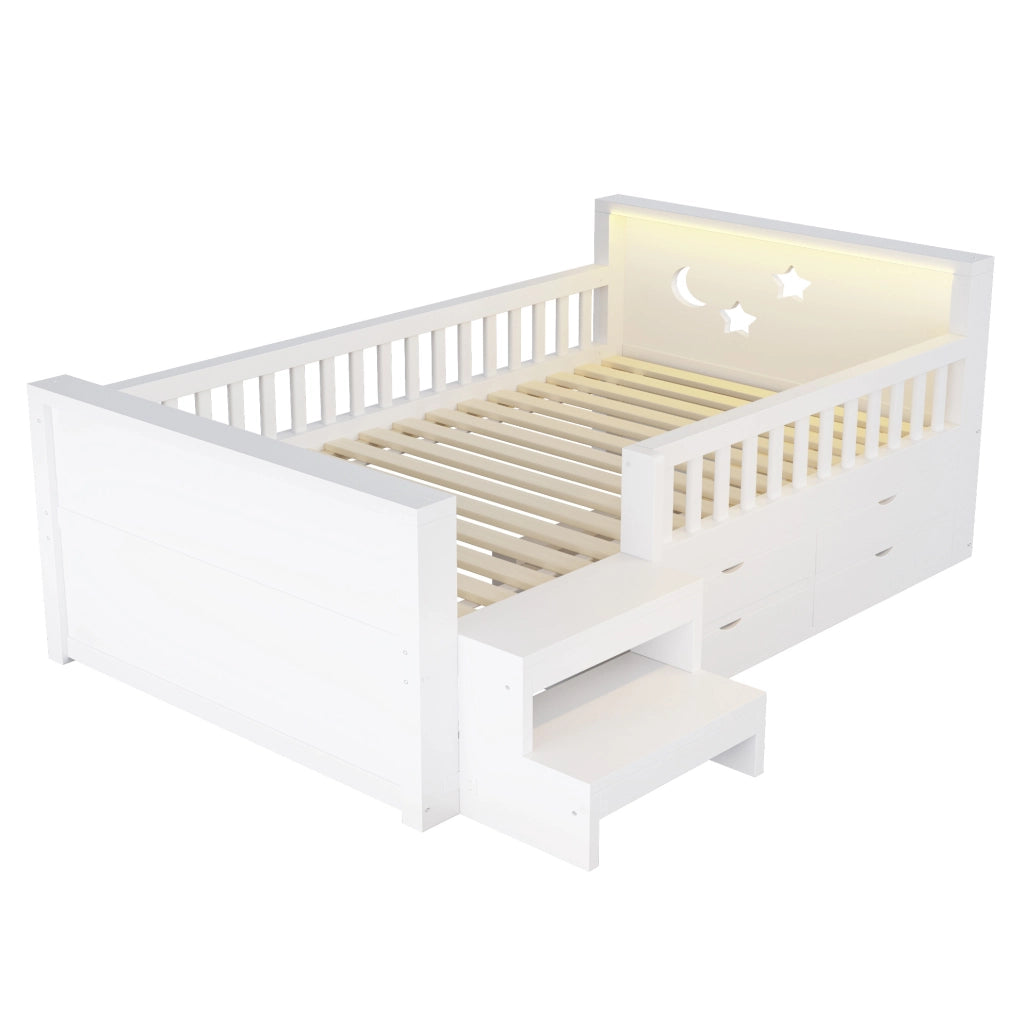 Letto bambini 90x200 cm in legno bianco con sponde; cassetti; scala e LED
