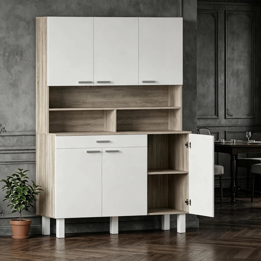 Credenza da cucina con 4 ante, cassetto e ripiano aperto, in truciolare e metallo, bianco naturale, 120 × 40 × 175 cm