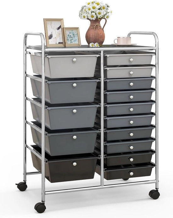 Carrello con 15 contenitori sovrapposti, carrello con telaio metallico e piano di appoggio, cassone per ufficio, soggiorno, 63 x 37 x 87 cm