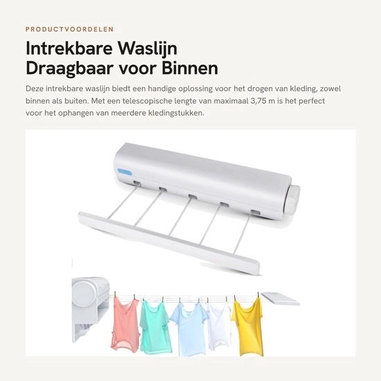 Wanddroogrek Uittrekbaar 3,75 m - Drooglijn Portatile - Risparmio di Spazio - Progetto Multifunzionale - Installazione Facile - Linea di Asciugatura