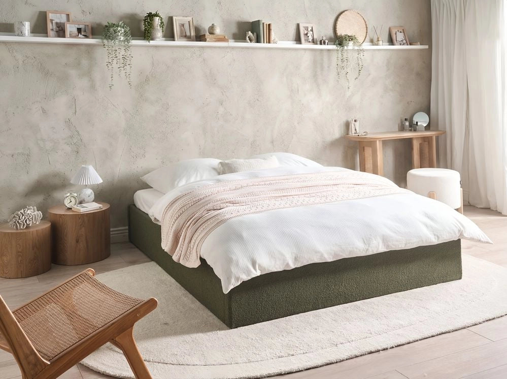 Letto matrimoniale con contenitore in tessuto bouclè verde sporco 160 x 200 cm stile moderno