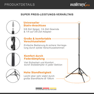 Stativo per luci FT-8051 max 5 kg e altezza fino a 260 cm, cavalletto fotografico per faretti LED flash ring light attrezzature foto e video, adattatore 3/8" e borsa