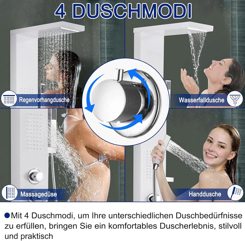 Colonna Doccia Pannello Doccia Multifunzione 4 in 1 in Acciaio Inox 304 con Doccia a Pioggia Doccetta Doccia Idromassaggio Doccia a Cascata, Bianco