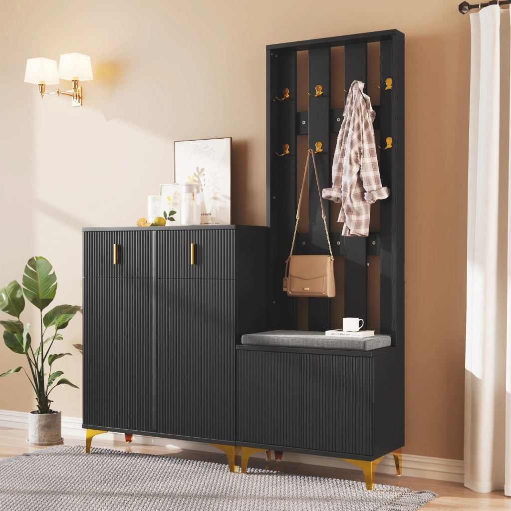 Set Ingresso con Scarpiera, Panca con Cuscino e Appendiabiti ¨C MINIMAL ¨C con Cassetti e Ante
