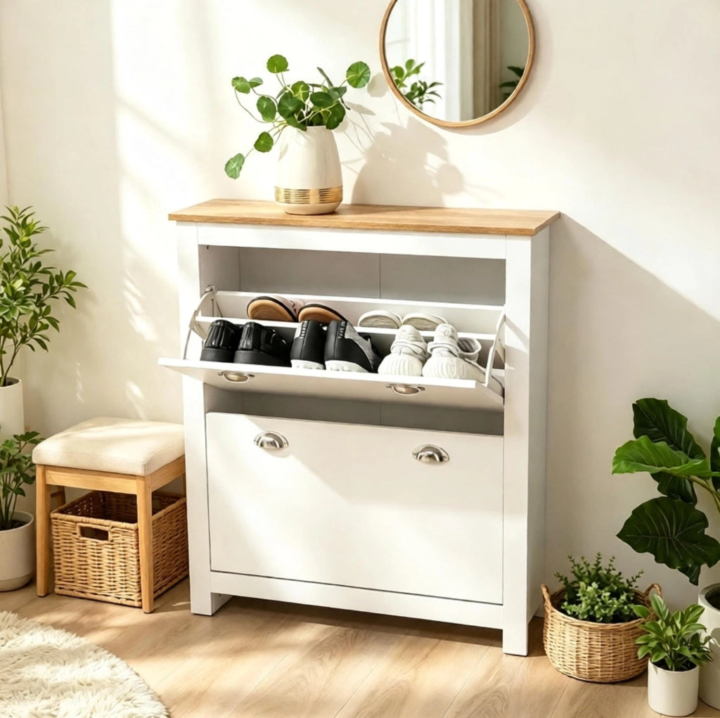 Scarpiera con 2 cassetti ribaltabili e ripiani regolabili in MDF rovere e bianco