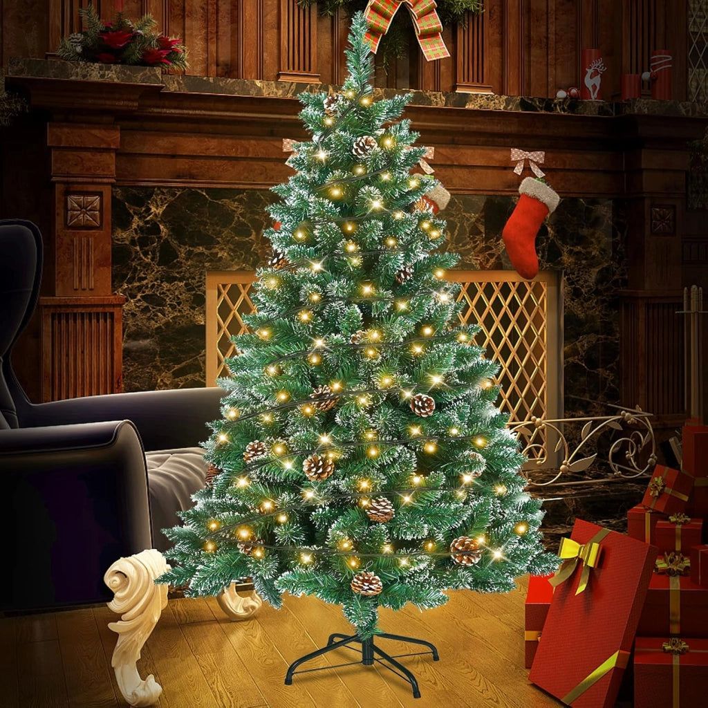 Albero di Natale artificiale con illuminazione, 210 cm, in PVC, albero di Natale artificiale, con 350 LED e supporto, decorazione natalizia con neve e pigne