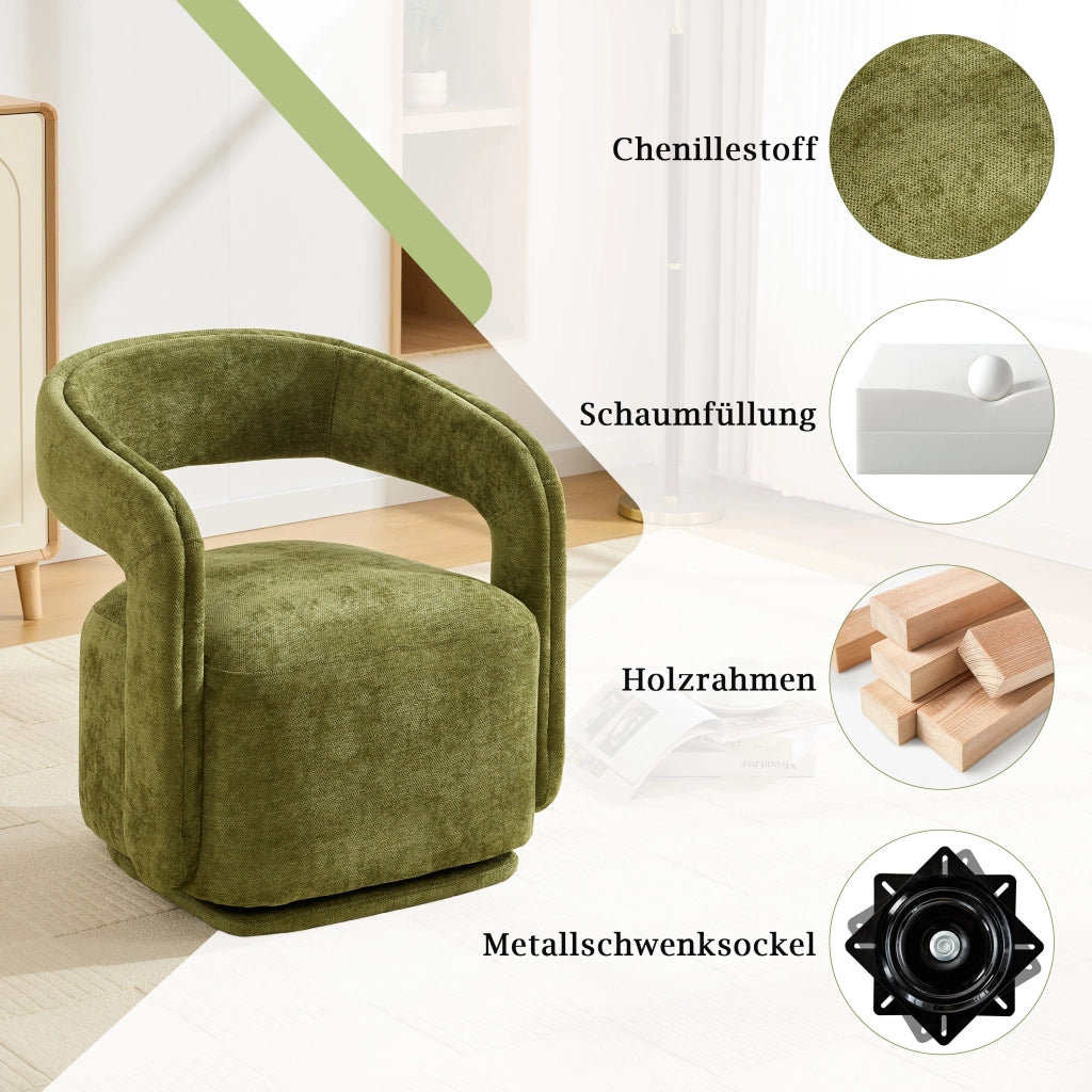 Poltrona girevole 360° in chenille con schienale ergonomico e base robusta verde per soggiorno e lettura moderna