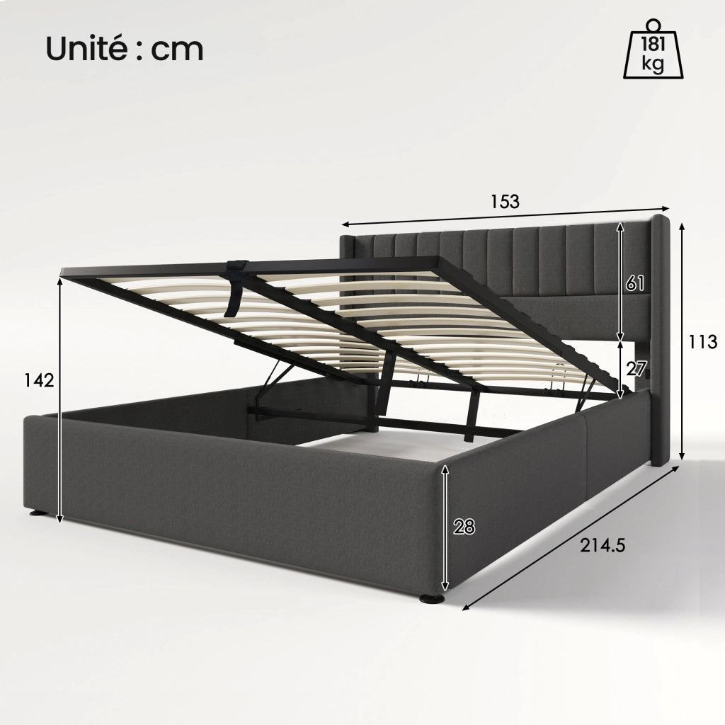 Letto contenitore matrimoniale 140×200 cm con rete sollevabile; testiera imbottita e materasso incluso; grigio
