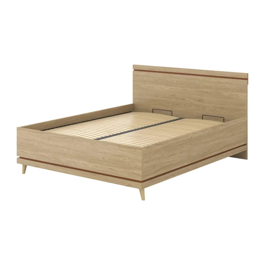 Set camera NOKI – Letto 160x200 + armadio 3 porte + cassettiera + comodino – Rovere chiaro e moka stile scandinavo
