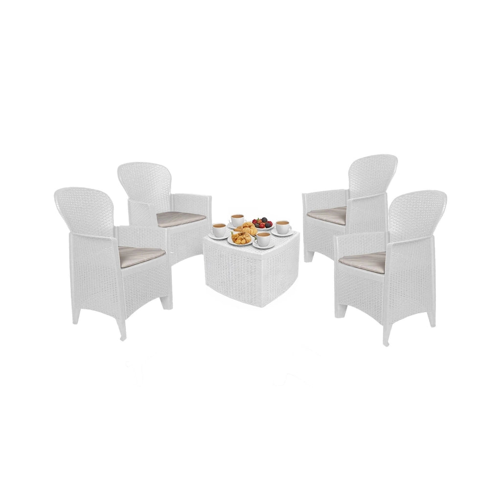 Set salotto da esterno Sulzano, Salottino outdoor o indoor, 4 poltrone con braccioli con un tavolino contenitore, Made in Italy, Bianco