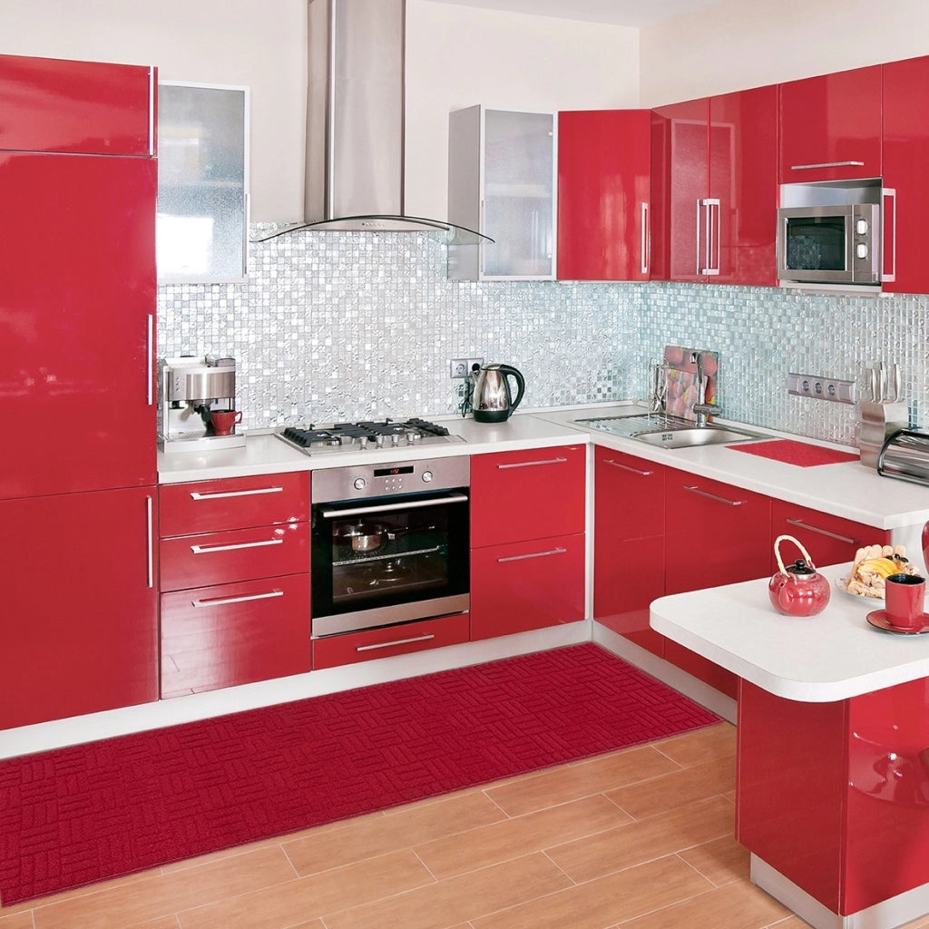Tappeto Cucina Super Assorbente Tessitura 3D Tinta Unita Minimalista Moderno Bordeaux - 50x190 Cm