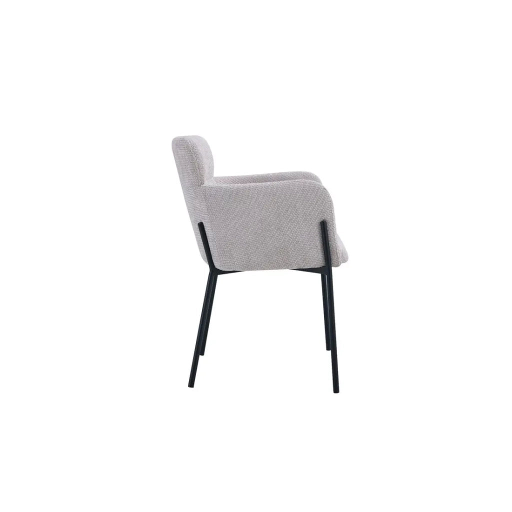 Sedia da pranzo CAMPBELL – Tessuto beige chiaro – Braccioli – Piedi in metallo nero – Stile design / industriale