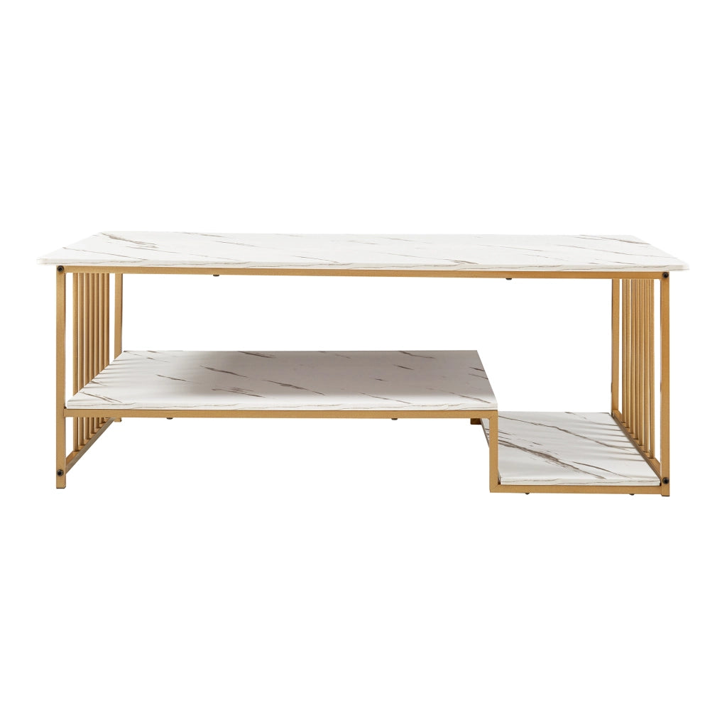 Tavolino Centrale da Salotto Klibro 120x60x42 cm Effetto Marmo Bianco / Dorato [en.casa]