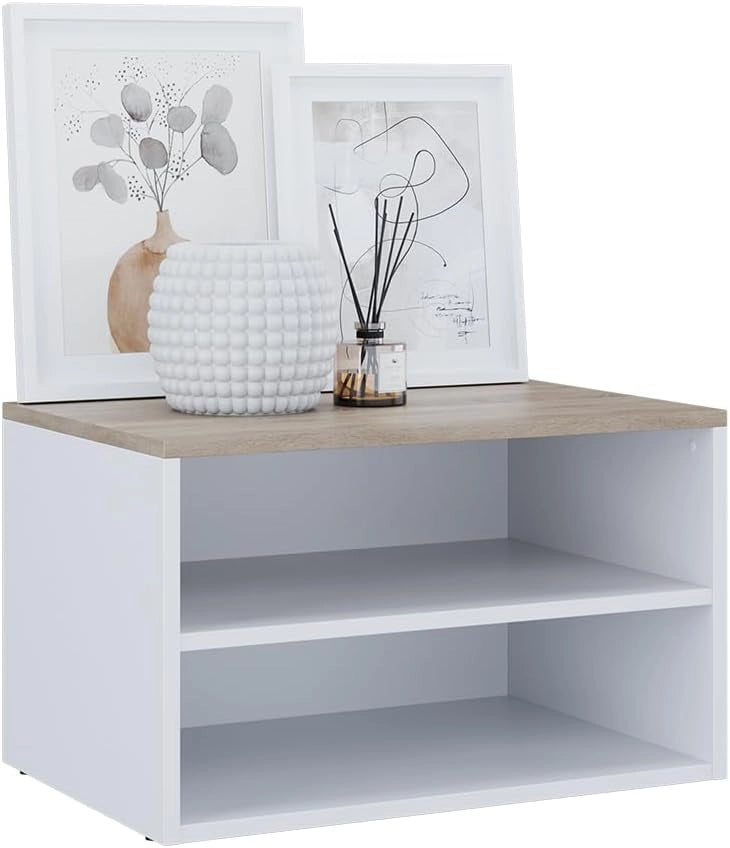 Cassettiera Betti, Bianco/Sonoma, 60 x 36 cm con 2 scomparti, adatto per la conservazione in soggiorno o in camera da letto