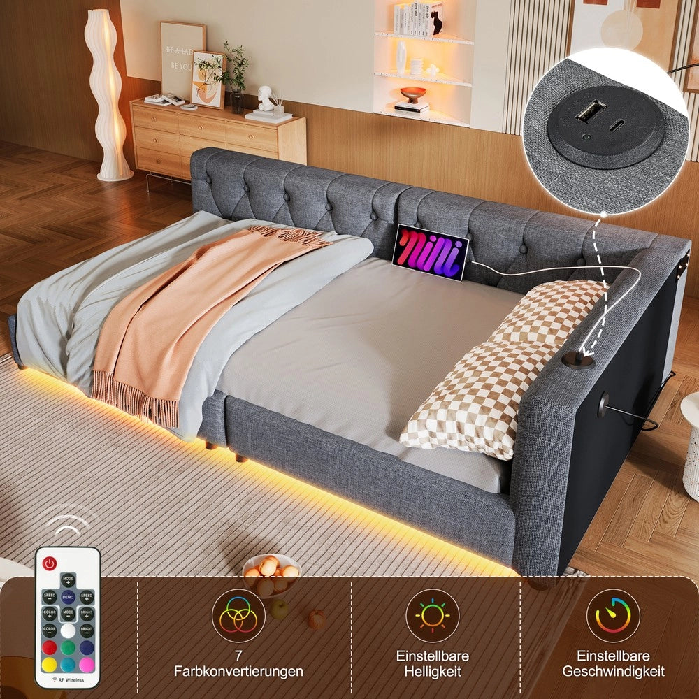Letto Divano con Rete a Doghe ¨C MINIMAL ¨C Grigio, Lino, LED, USB, 90x200