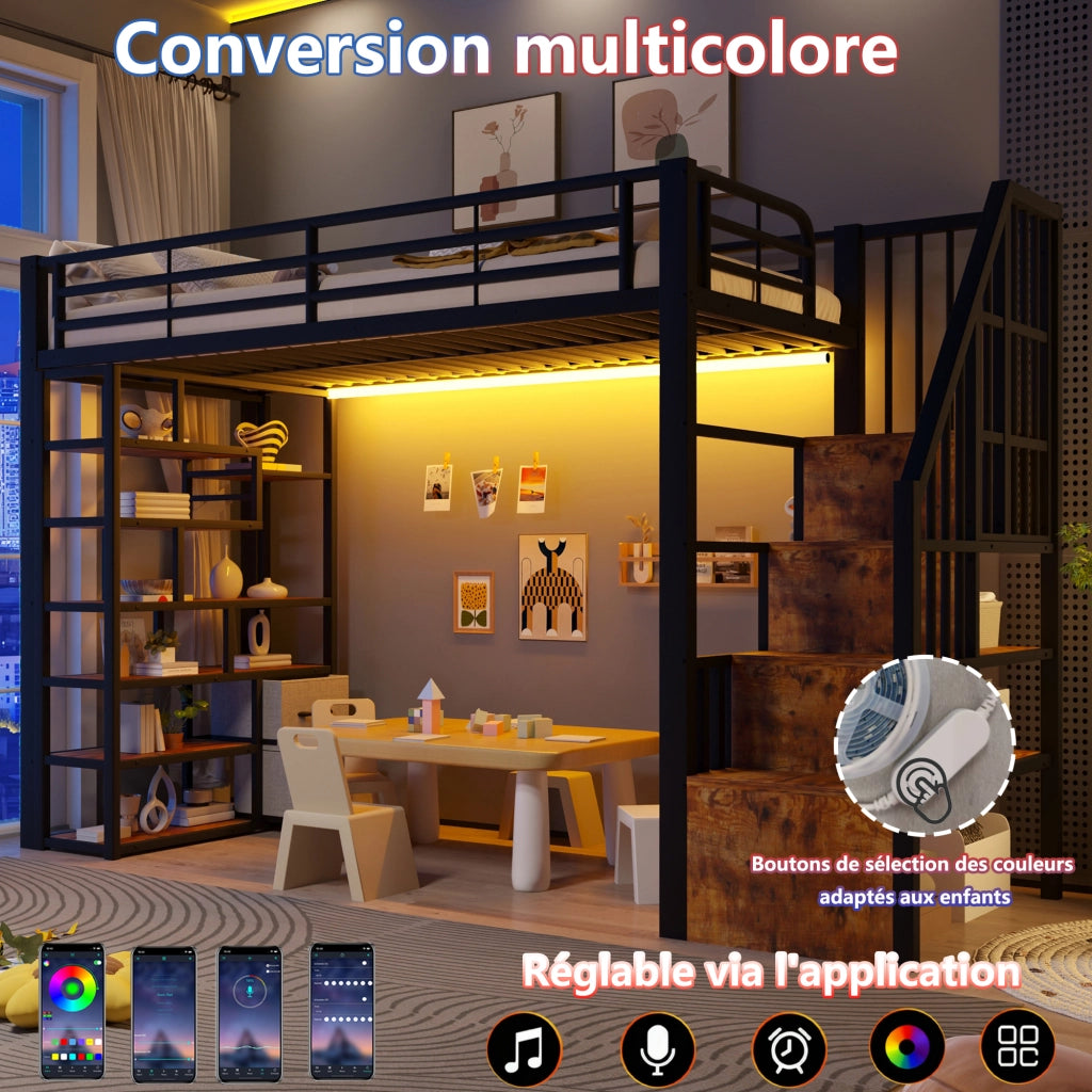 Letto a soppalco 90x200 cm con cassetti in tessuto; spazio sottostante; LED; ripiano; gradini e parapetto; metallo nero