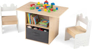 Set di Tavolo e 2 Sedie per Bambini 3+ Anni, Tavolo e 2 Sedie in Legno con Scomparti Doppio Lato e Cassetto Pieghevole in Tessuto, Ideale per Leggere, Giocare per Cameretta Bambini (Bianco)