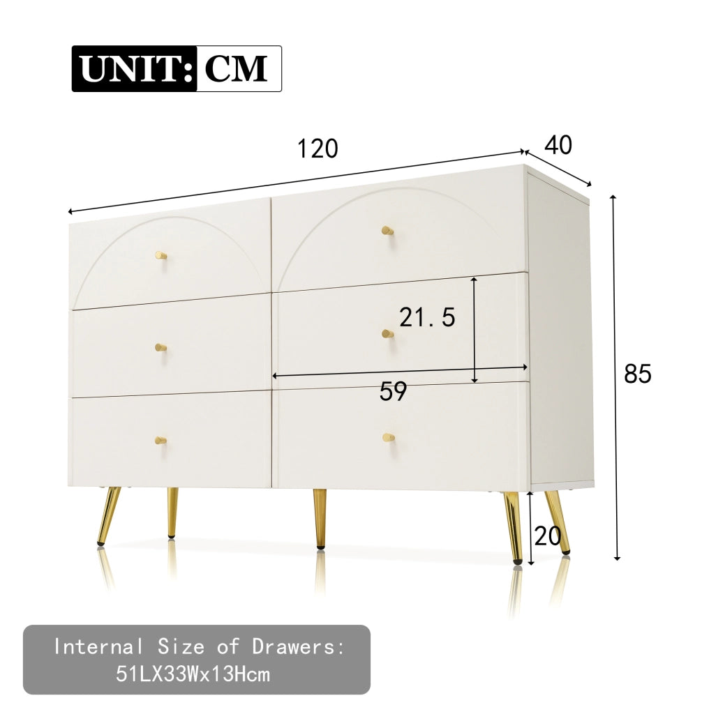 Cassettiera 120x40x85 cm con 6 cassetti; struttura in legno e metallo; crema-bianco