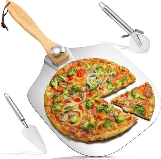 Pietanza schiacciante in alluminio 30 x 30 cm con cucchiaio e taglierino - pietanza metallica con lungo manico - manico in legno pieghevole - per forno a pizza interno ed esterno - facile pietanza pieghevole