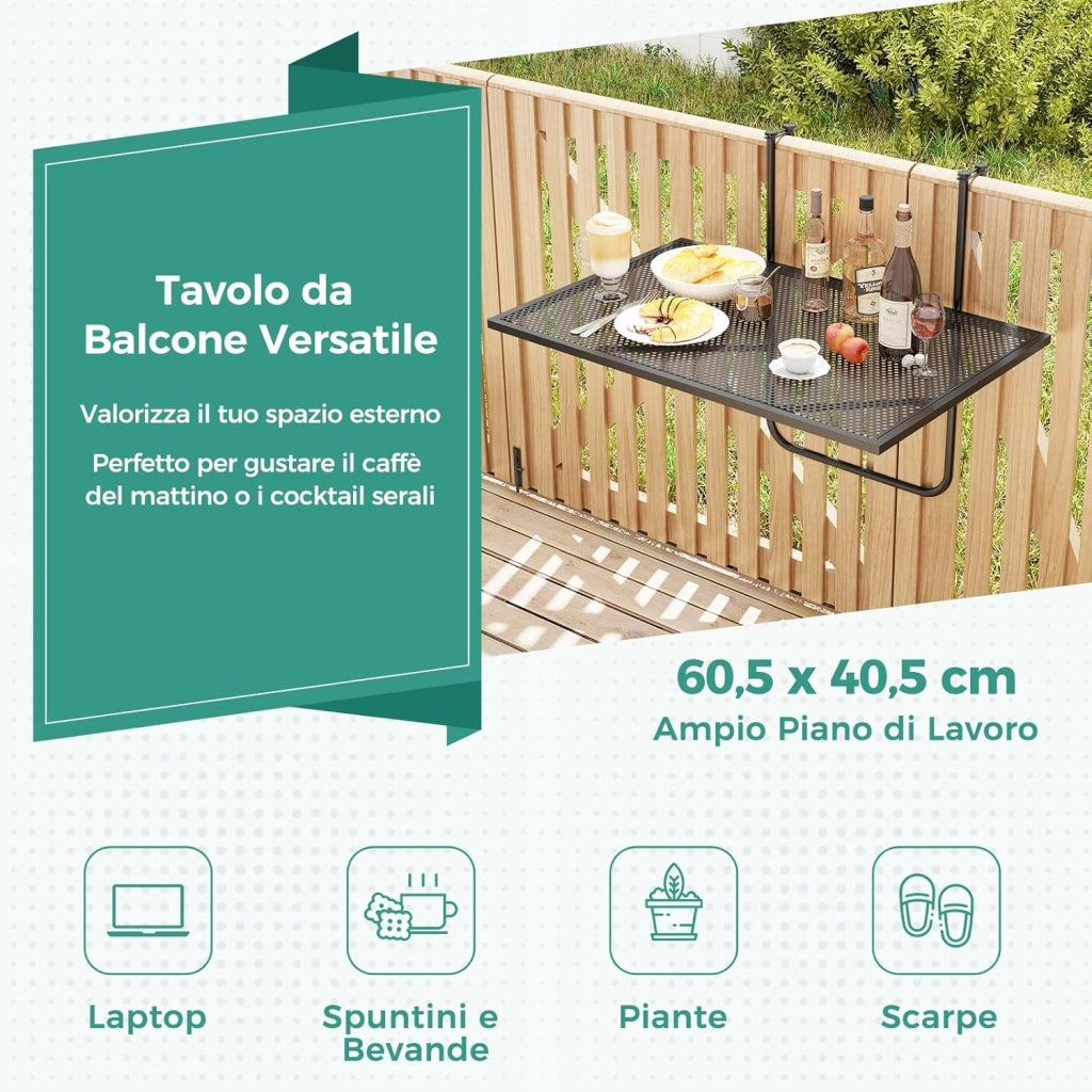 Tavolino da Balcone, Tavolino Sospeso Pieghevole con Struttura in Metallo, Tavolo Salvaspazio da Ringhiera per Patio e Terrazzo, Portata 23 kg, 60,5 x 50,5 x 51 cm