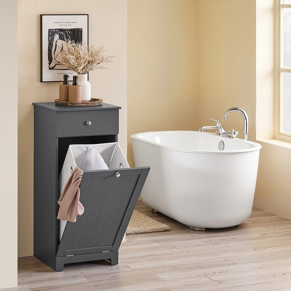 SoBuy | Lavatrice mobile grigio scuro con cestello | Mobile bagno con portabiancheria e 1 porta | Mobili bagno con cassetto | 40.0x38.0x90.0 cm | Capacità di carico 20 kg | BZR21-II-DG