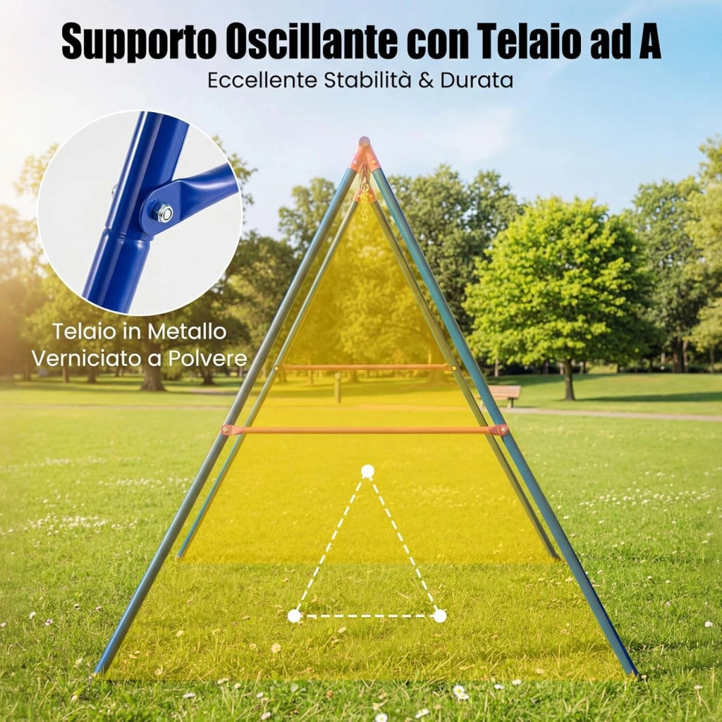 Set Altalena da Giardino per Bambini, Struttura di Metallo ad A con 1 Sedile in EVA Morbido e 1 Altalena Nido, Capacità 300 kg, Ideale per Giardino Parco Giochi (Rosso+Blu, Altalena+Supporto)