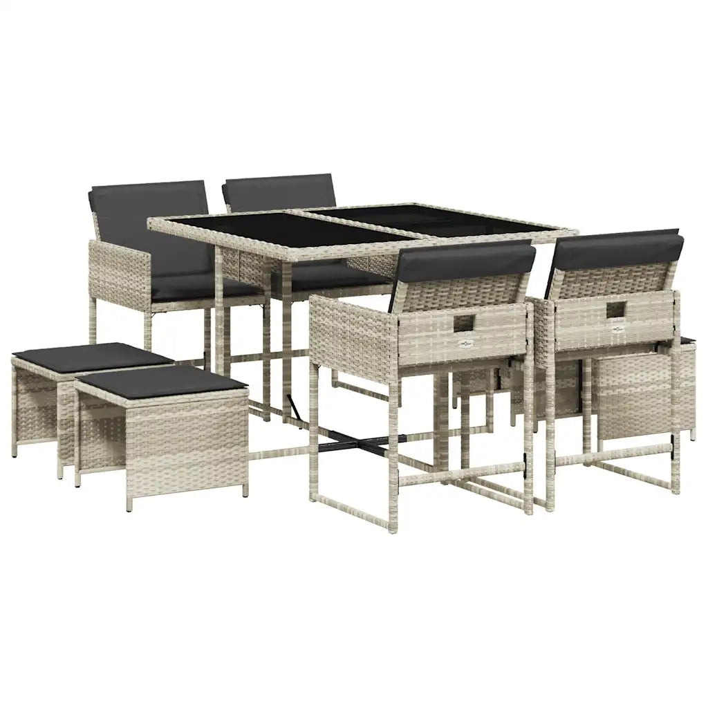 Set Pranzo da Giardino 9pz | Set Salotto da Giardino con Cuscini Grigio Chiaro Polyrattan