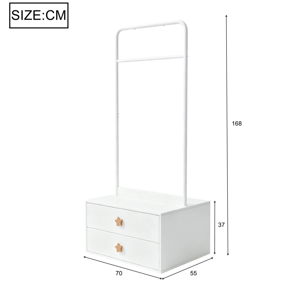 Appendiabiti per bambini con 2 cassetti; barra appendiabiti e pomelli a stella; bianco 70x55x168 cm