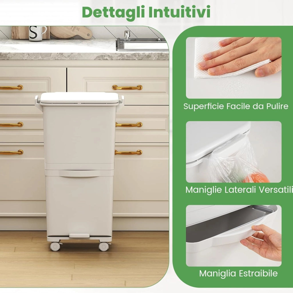40L Pattumiera Differenziata a 3 Scomparti, Bidone per Spazzatura con Cestino Rimovibile e 4 Ruote, Secchio Rifiuti a Pedale per Cucina Sala da Pranzo Soggiorno (Bianco)