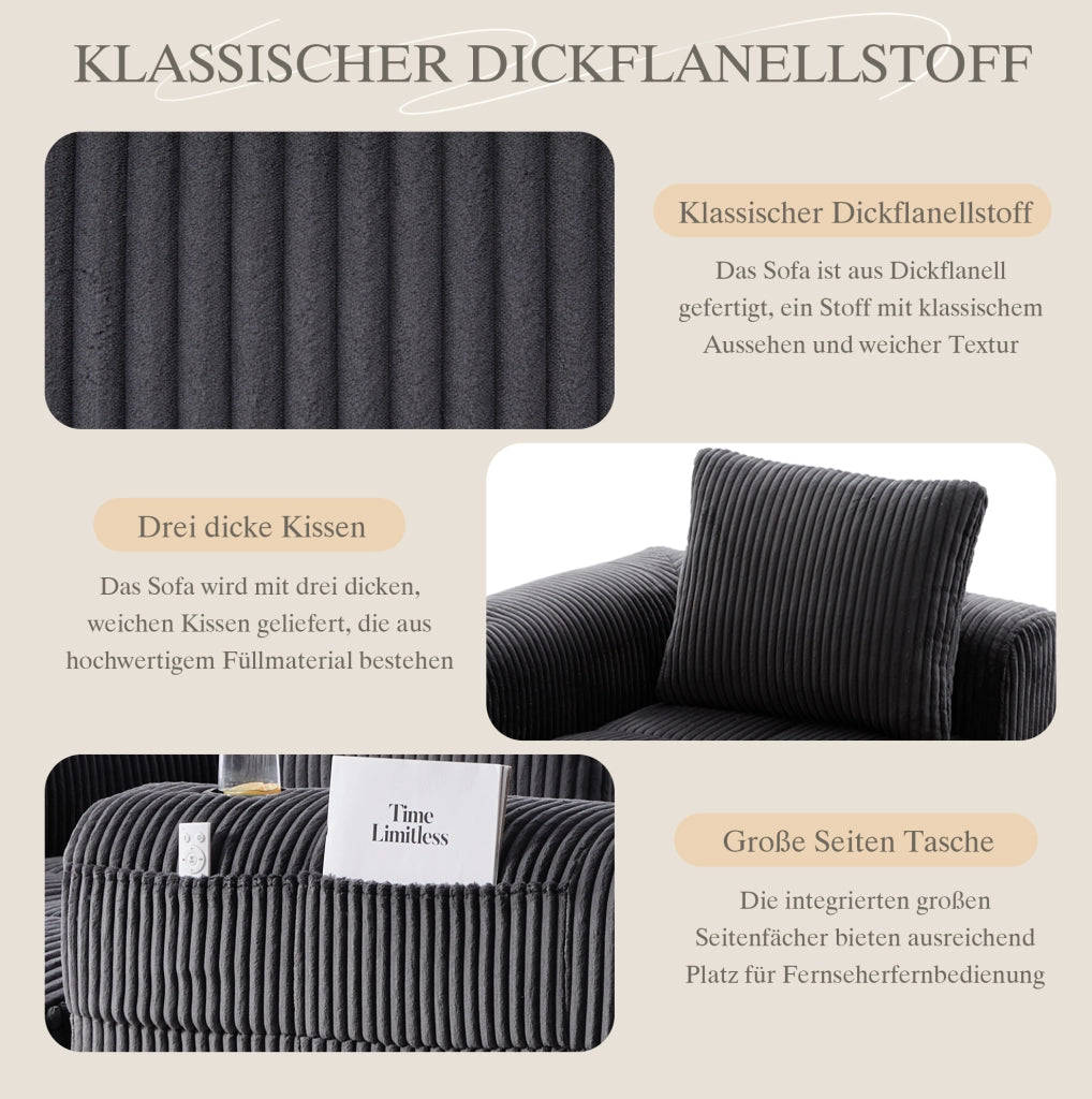 Divano modulare in velluto a coste scuro 253x158x61 cm; con tasche laterali e portabicchieri