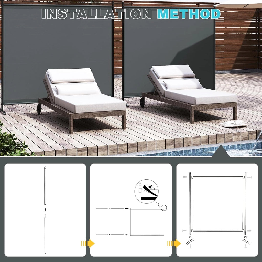 Paravento, divisorio per ambienti, paravento indipendente monoblocco per balconi, camere da letto, giardini, con telaio e staffe in metallo, tessuto rivestito in PA, 180x177 cm, grigio scuro