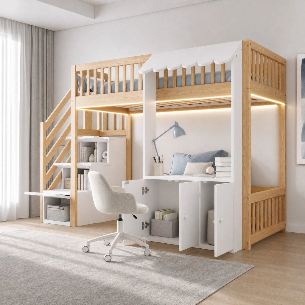 Letto a soppalco 90x200 cm con scala contenitore e luci colorate