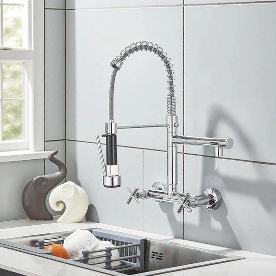 Spout per cucina fissaggio a parete cromato Spout per cucina 360° girevole con spruzzatore estensibile 2 maniglie Spout per cucina per acqua calda e fredda disponibile