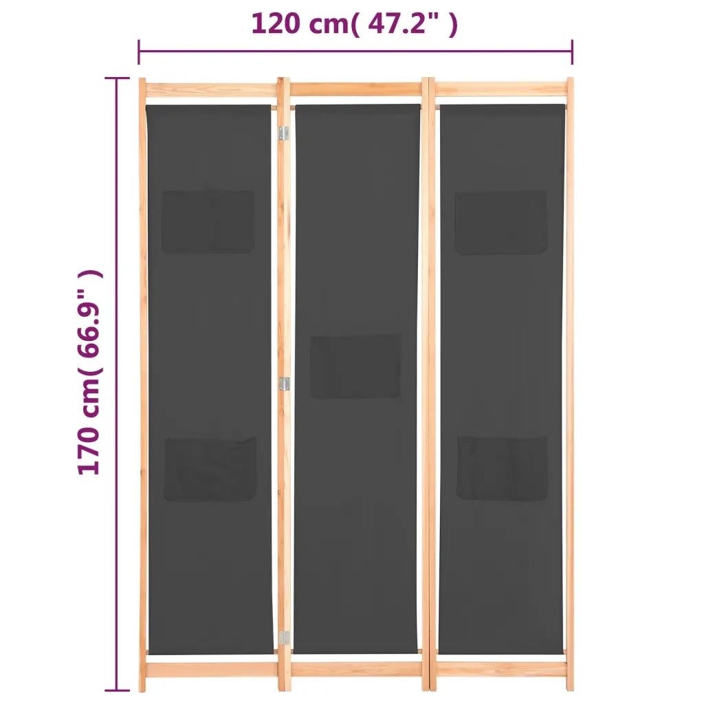 Divisorio Ambienti | Divider per stanze | Paravento a 3 Pannelli Grigio 120x170x4 cm in Tessuto