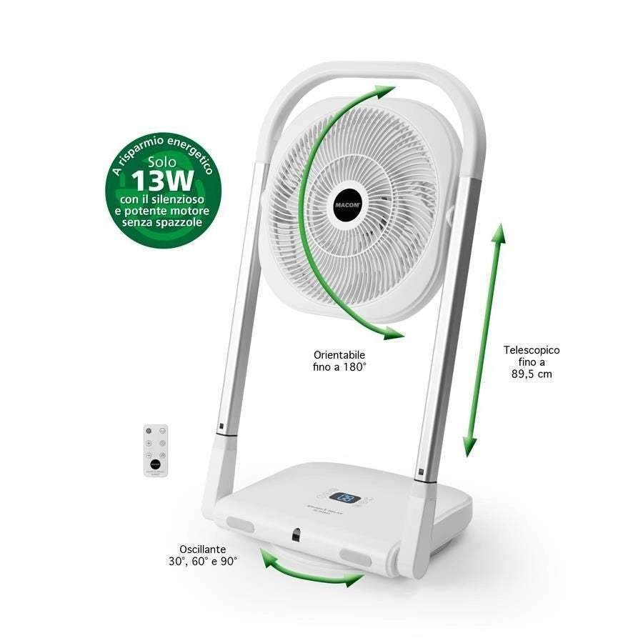 Macom 986 Slimmy Ventilatore a Piantana Pieghevole 9 Velocita' 13W Timer 8h Telecomando colore Bianco