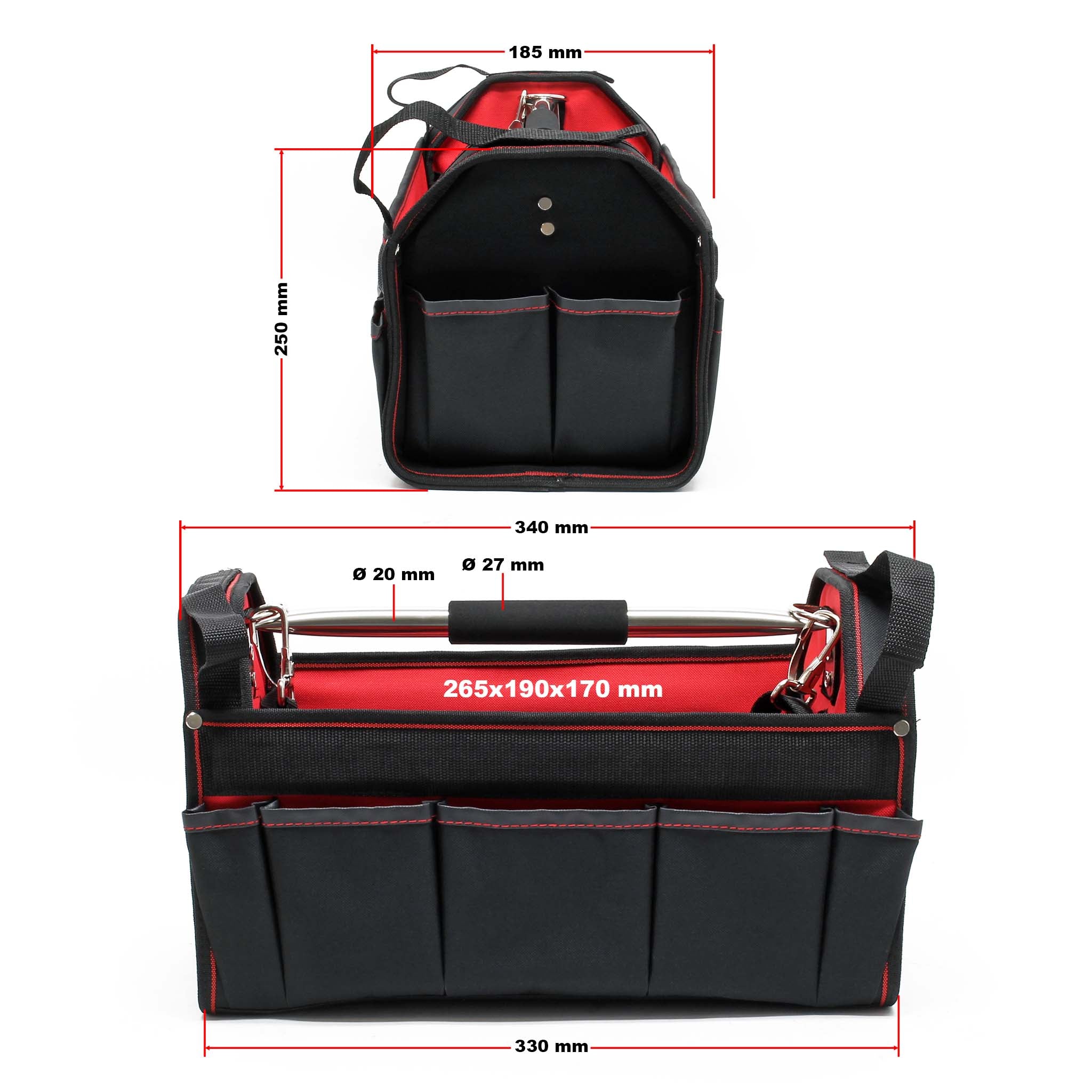 Borsa portautensili L con scomparti interni ed esterni tracolla regolabile e maniglia di trasporto