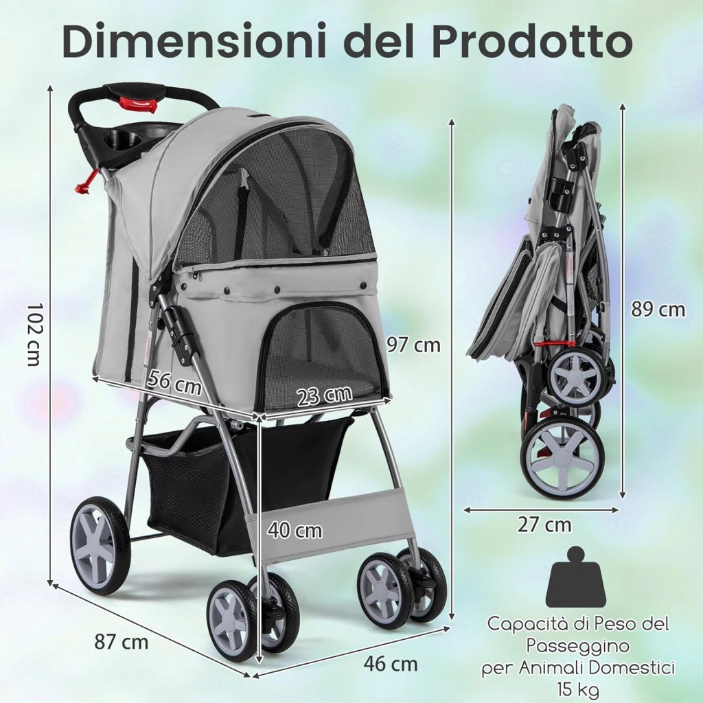 Passeggino per Cani, Carrozzina per Cani Pieghevole Fino a 15 kg, 4 Ruote con Finestra a Rete Porta Bicchiere e Cesto, Passeggino Portatile per Animali Piccola e Media (Grigio)