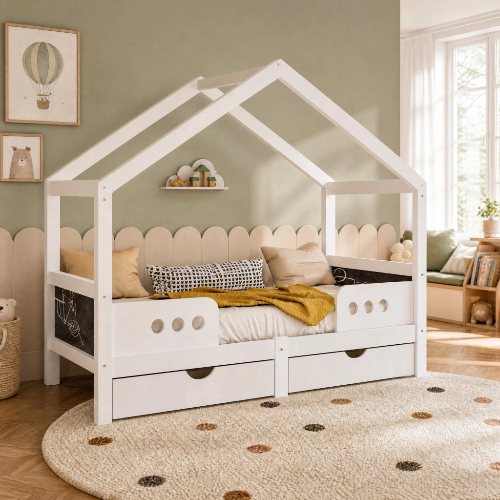Lettino per bambini con tetto; 2 cassetti e lavagna; 90x200 cm; bianco