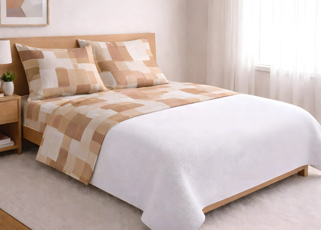 Completo Lenzuola Letto In 100% Cotone Made Italy Disegno Brick - Maxi - Arancio