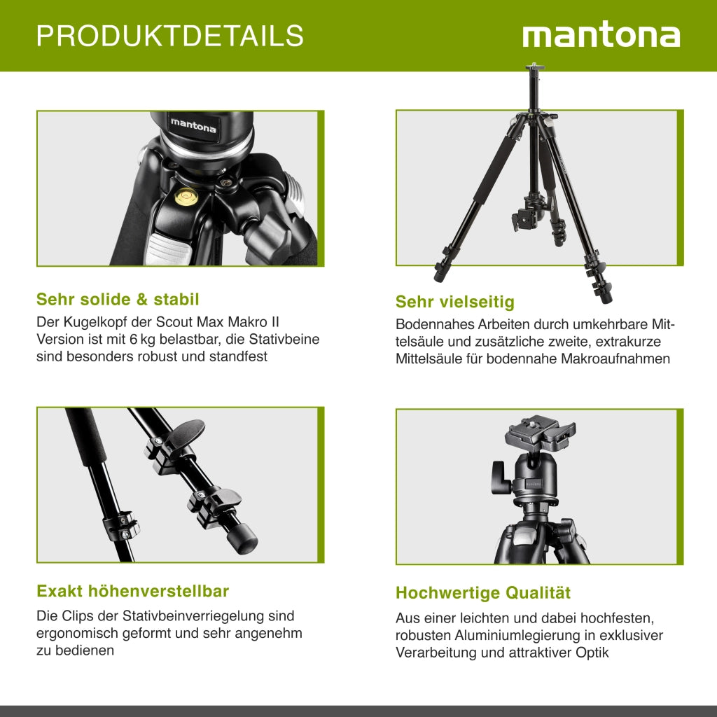 Mantona Treppiede fotografico Basic Scout Max Makro II - 90 x 90 x 615 mm - altezza di lavoro fino a 153 cm / carico max. 6 kg - con testa a sfera, reversibile e seconda colonna centrale - Da viaggio
