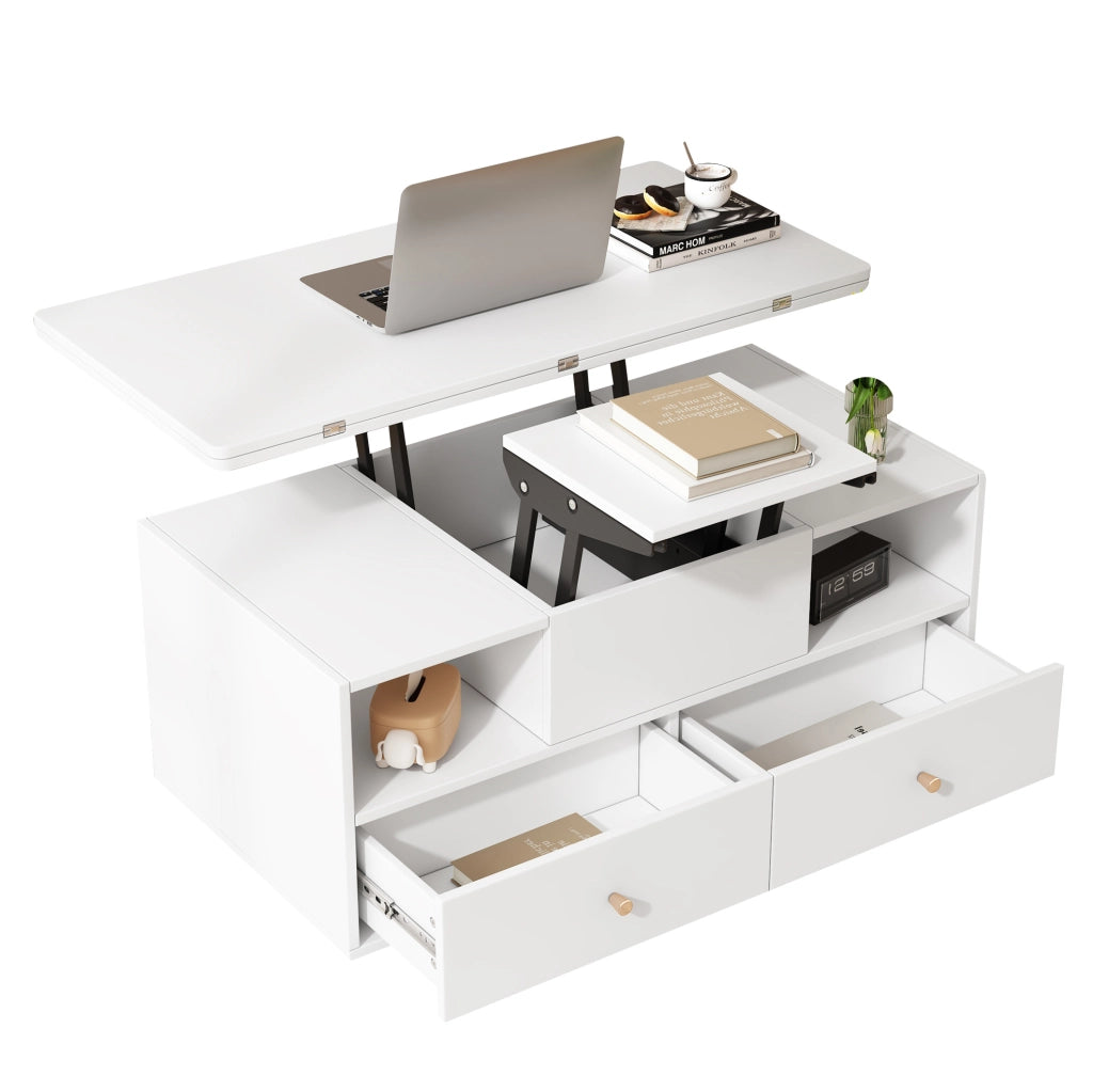 Tavolino da caffè 100x50x47;5 cm sollevabile e pieghevole in MDF bianco