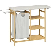 Cestino Portabiancheria in Bambù e Poliestere con Asse da Stiro e Ripiano a 3 Livelli, 113x34x82 cm