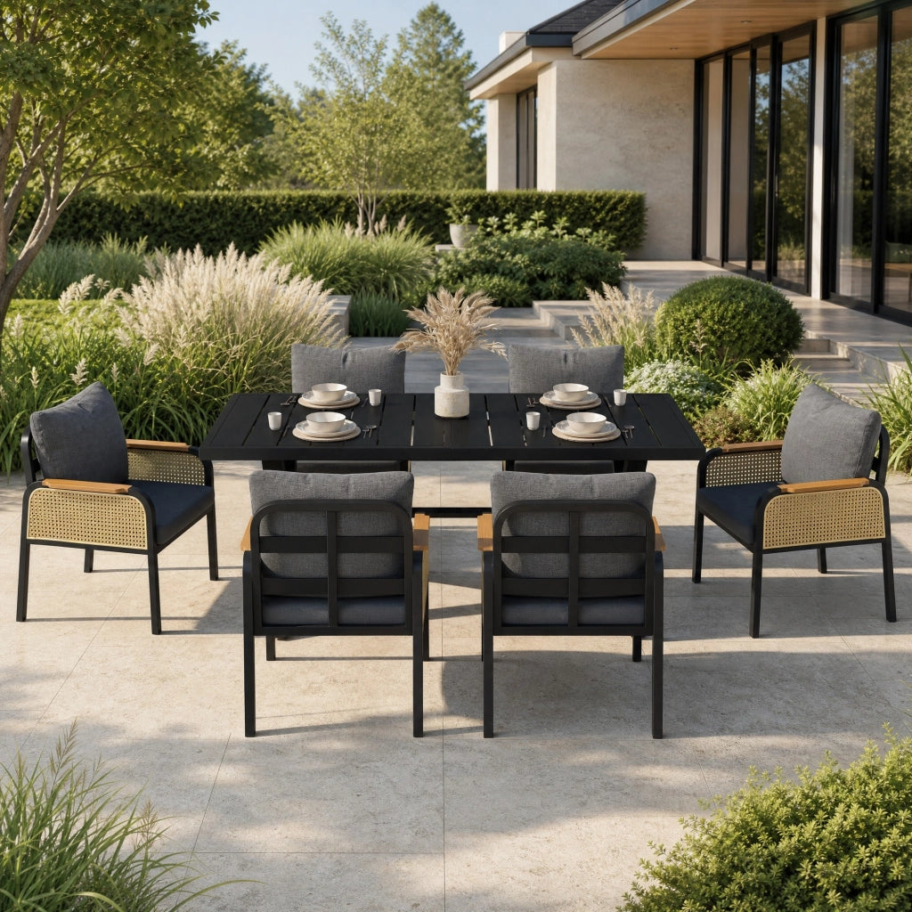 Set da pranzo da esterno con tavolo e 6 sedie in ferro, rattan PE nero e naturale