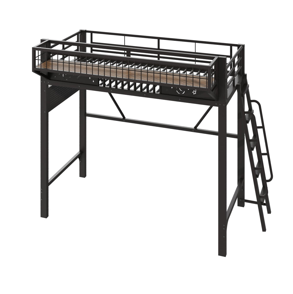 Letto a soppalco 90x200 cm in metallo nero con vani portaoggetti e scala reversibile; senza materasso