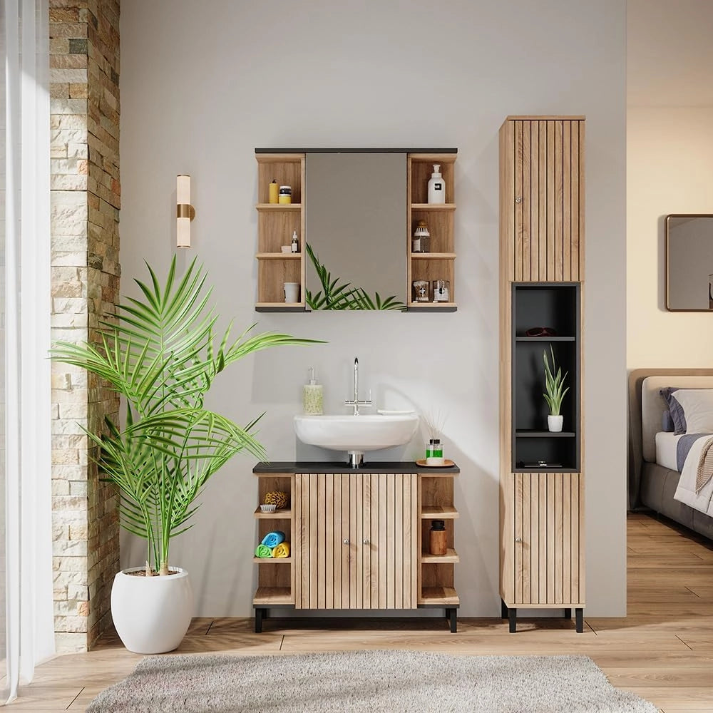Set di mobili da bagno Aquis, Sonoma, 79.6 cm, composto da mobile sottolavabo, specchiera e colonna alta